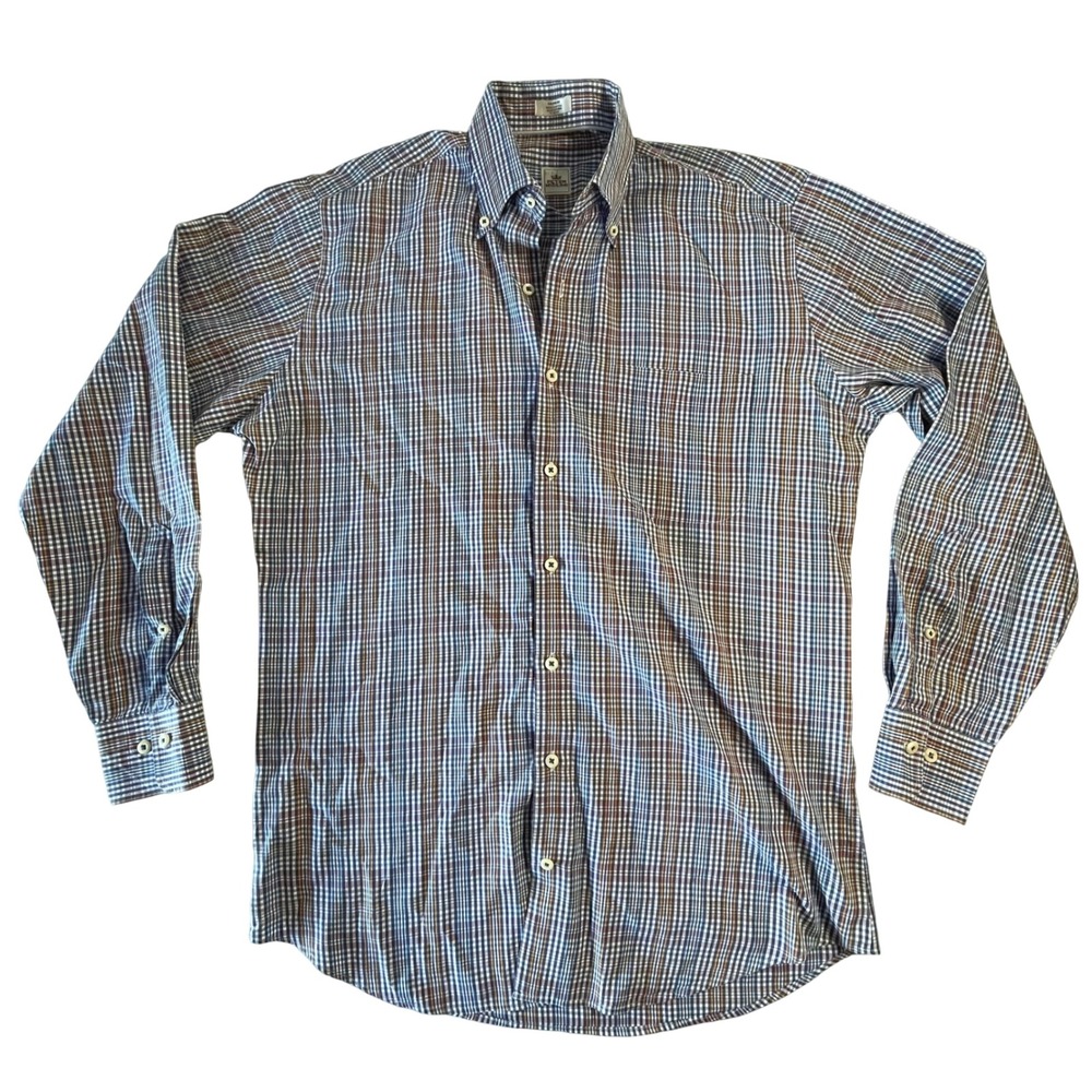 Peter Millar Mens Medium Blue Orange White Plaid Cotton Button Down Shirt M